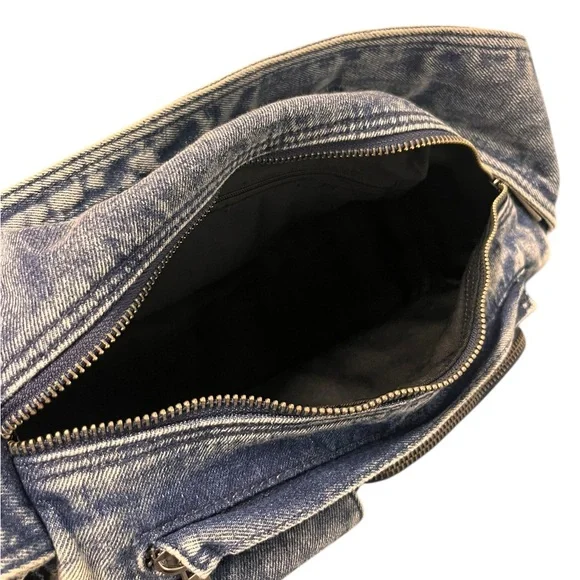Y2K Denim Shoulder Bag Blue Faded Zip Top Multi Pocket Medium Retro 90s - Picture 5 of 7